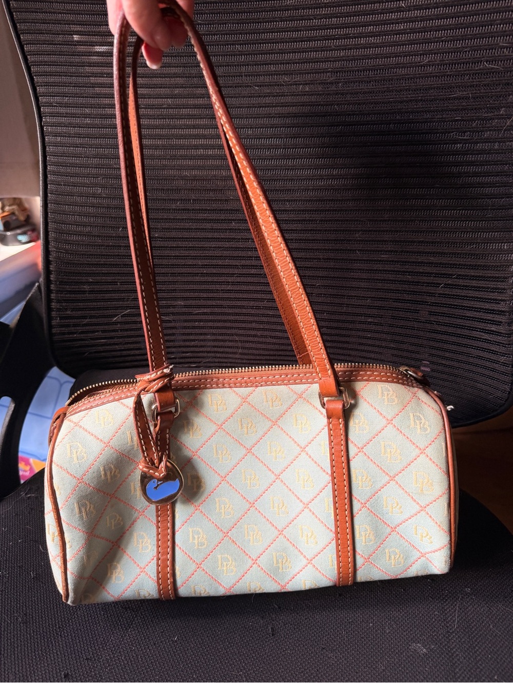 Dooney & Bourke Light Blue & Tan Logo Barrel Shoulder Bag